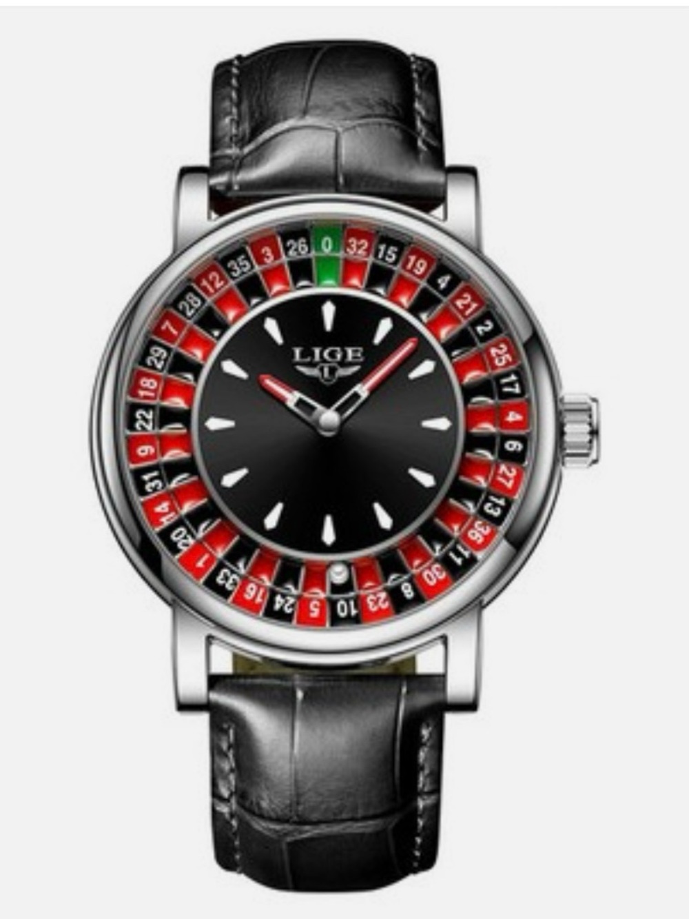 LIGE Roulette Monte Carlos Casino Style Inspired Black Leather Watch New